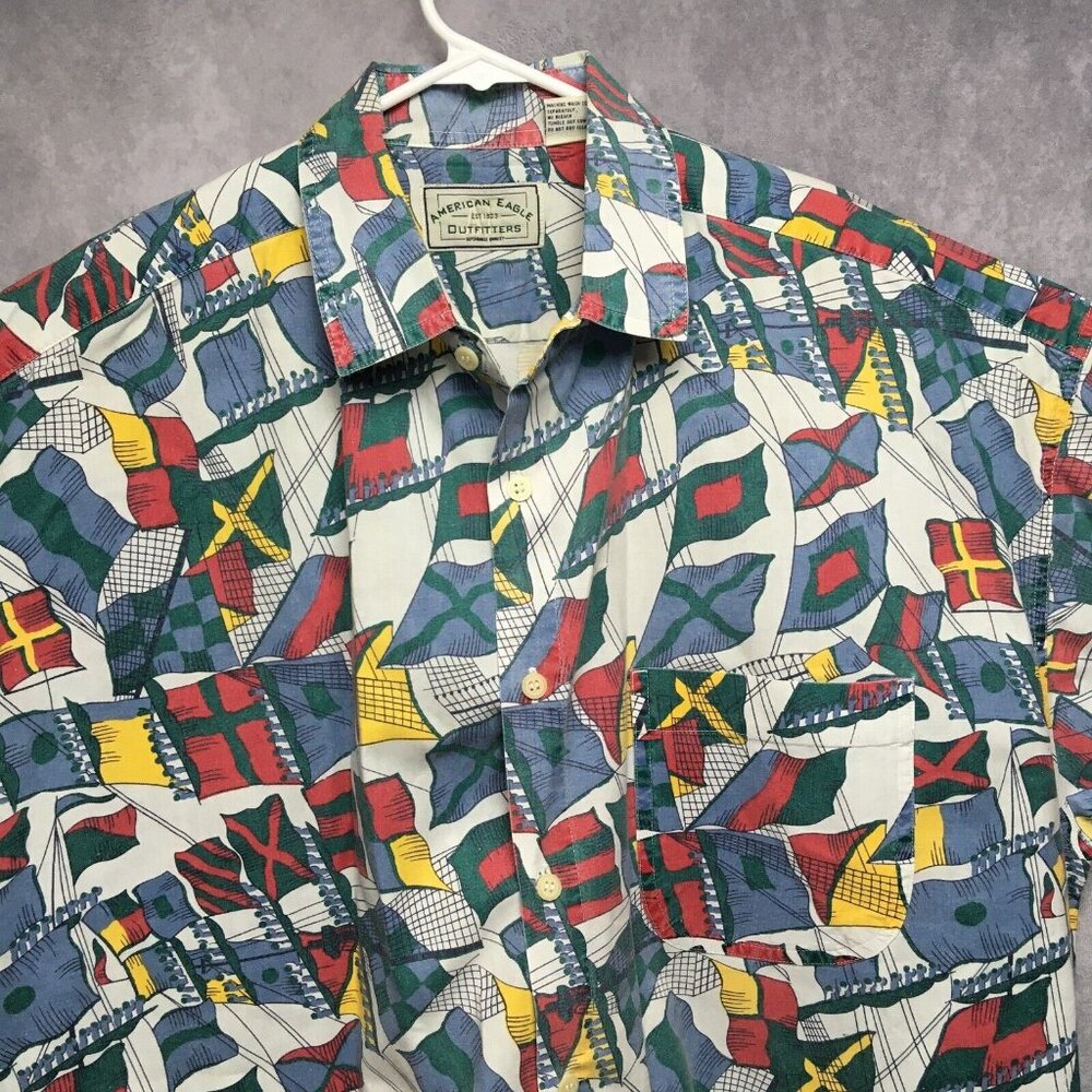 Vintage American Eagle Mens Flag Shirt‎ size Large Short Sleeve Button Up AE